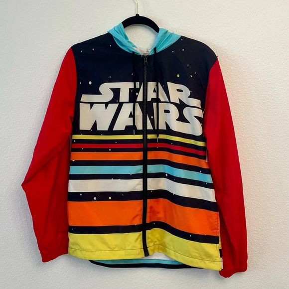 New Disney Parks Star Wars Windbreaker Jacket Size Small Striped Logo Red Blue - Picture 1 of 11